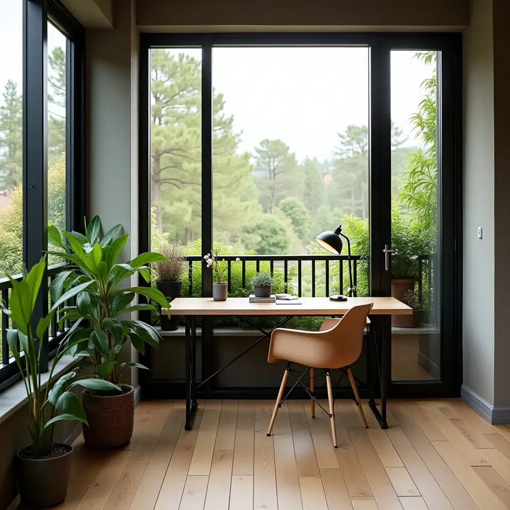 a photo of a balcony featuring a foldable desk and greenery