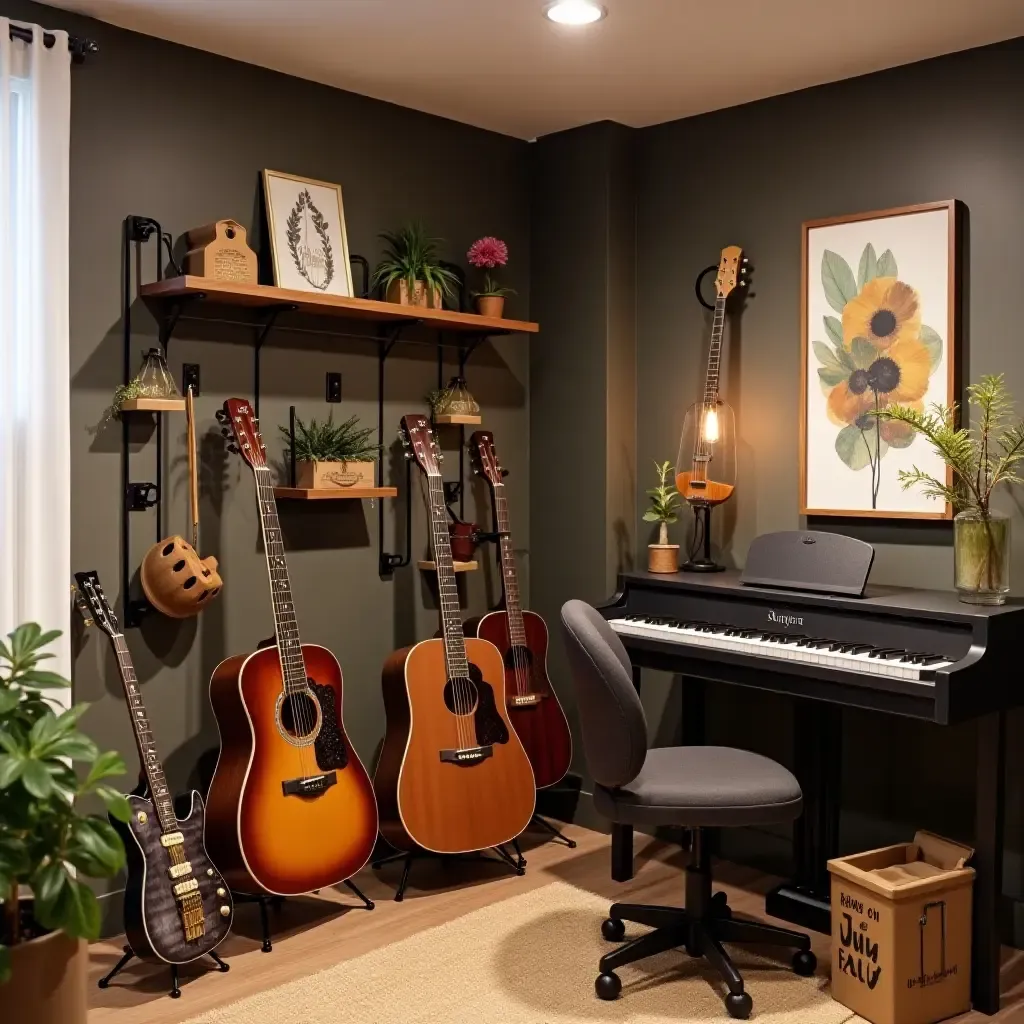 a photo of a basement music corner with DIY instrument storage and decor