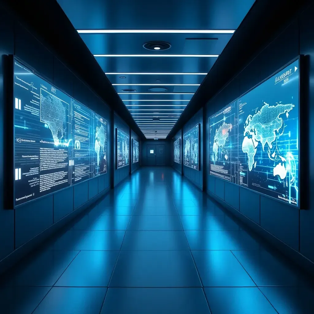 a photo of a futuristic corridor with smart technology and interactive displays