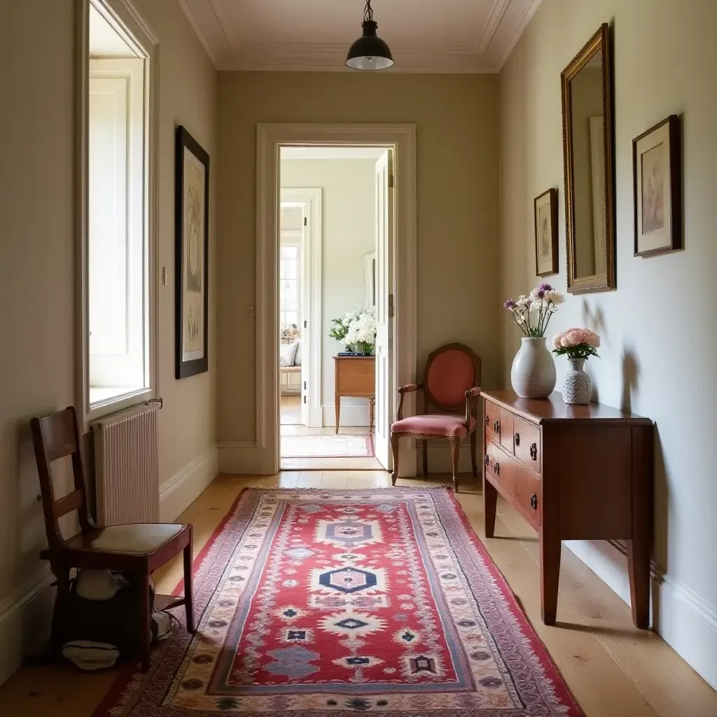 a photo of a vintage kilim rug in a charming corridor