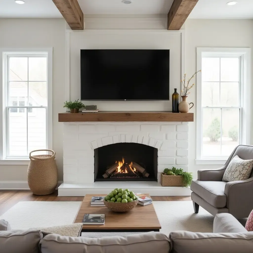 a photo of a farmhouse-style living room with a TV integrated into a reclaimed wood fireplace mantel