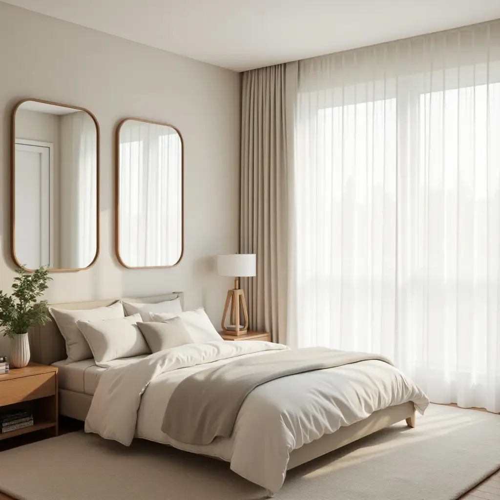 a photo of a calming bedroom with soft mirrors and airy curtains