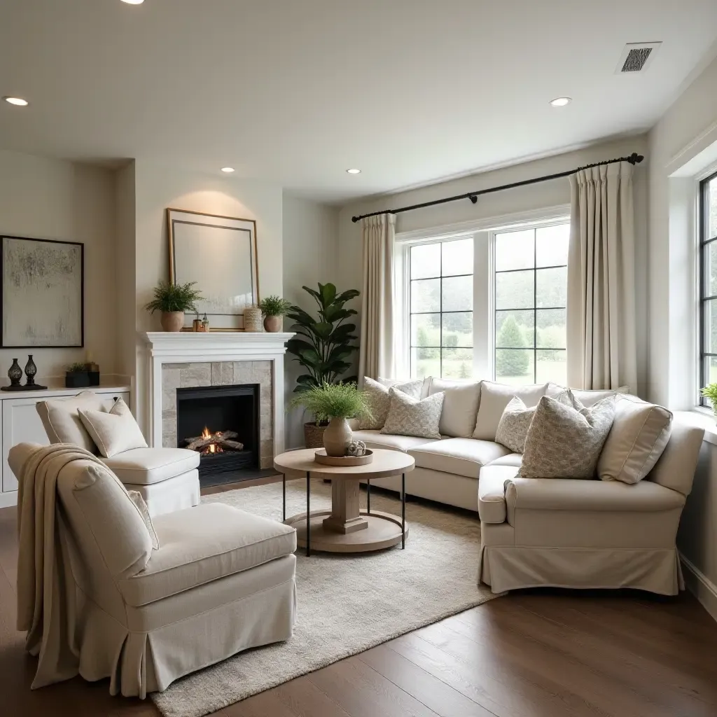 a photo of a basement sunken living area featuring farmhouse decor and comfort