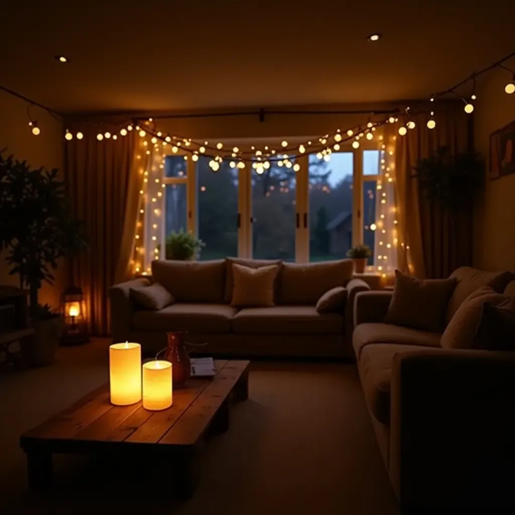 a photo of a living room illuminated by fairy lights and lanterns