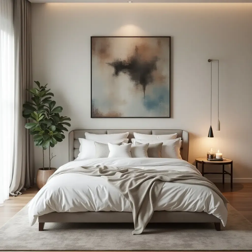 a photo of a chic bedroom with a modern art piece