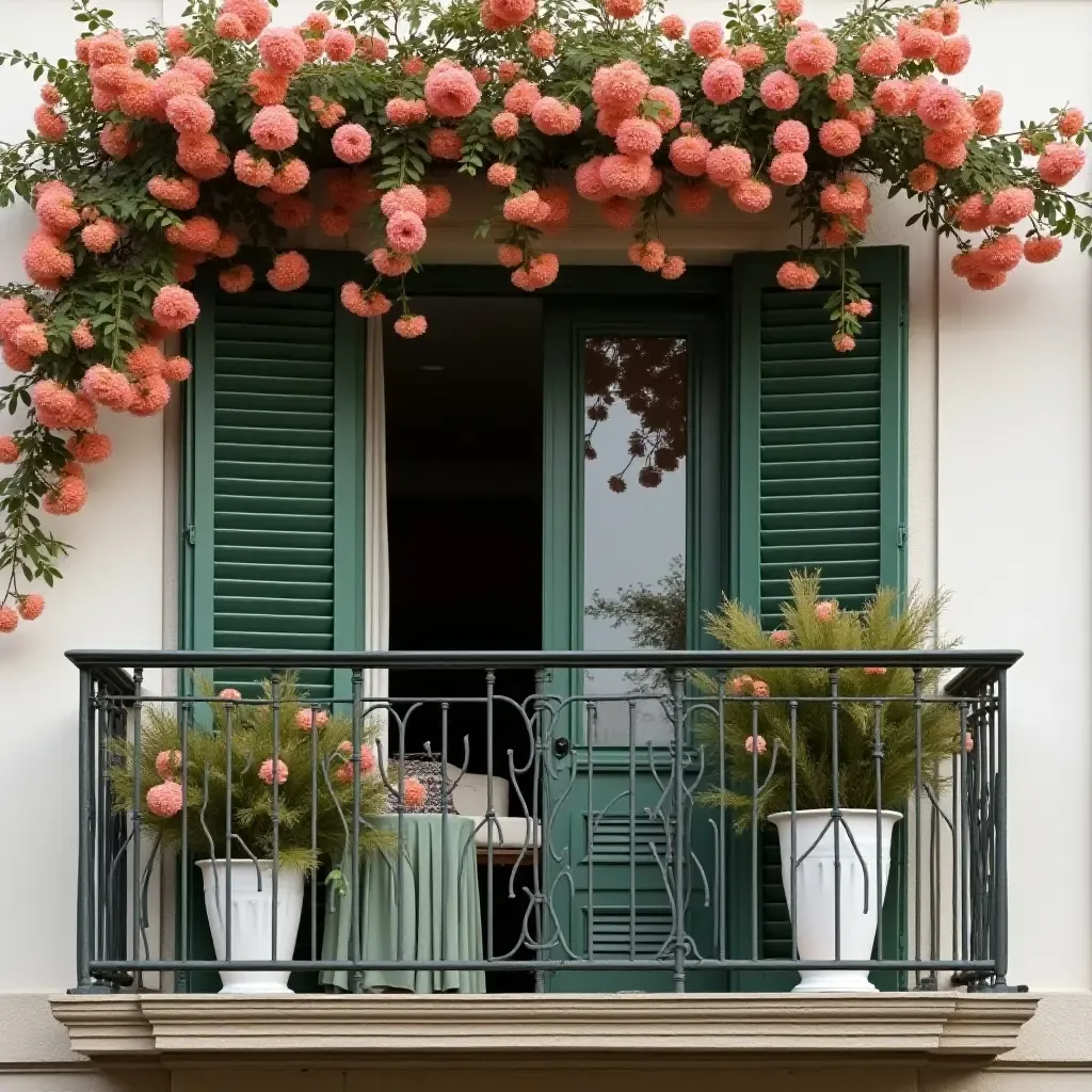 a photo of a balcony adorned with cascading flowers and elegant decor pieces