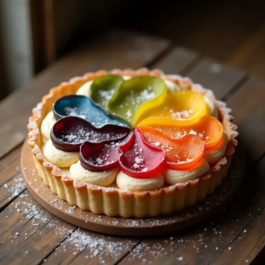 a photo of a colorful Tarte Tropézienne with cream filling and sugar dusting on a rustic table.