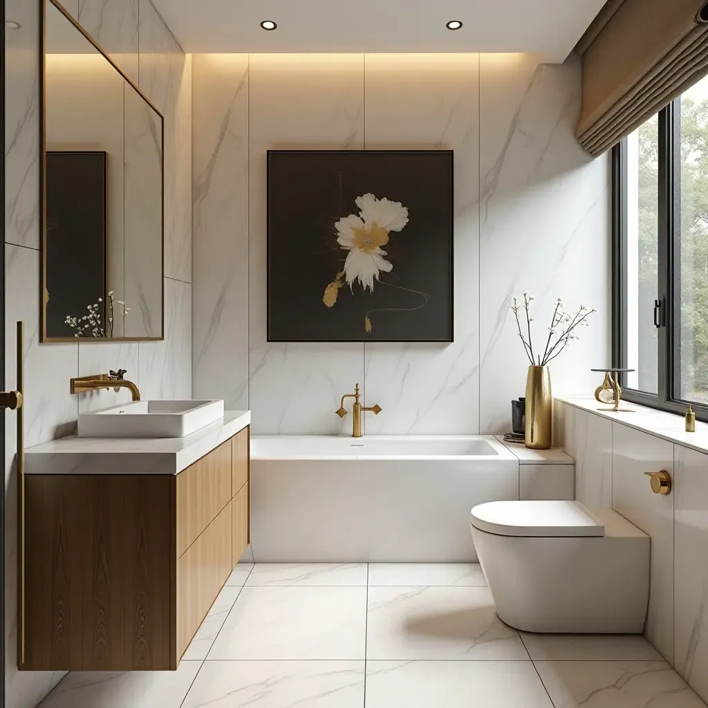 a photo of a glamorous bathroom with metallic accents and modern art pieces