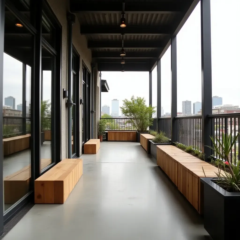 a photo of an industrial-style balcony with concrete flooring and wooden benches