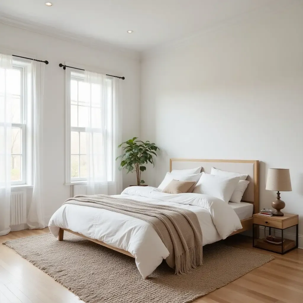 a photo of a tranquil bedroom featuring minimalist lines and bohemian patterns