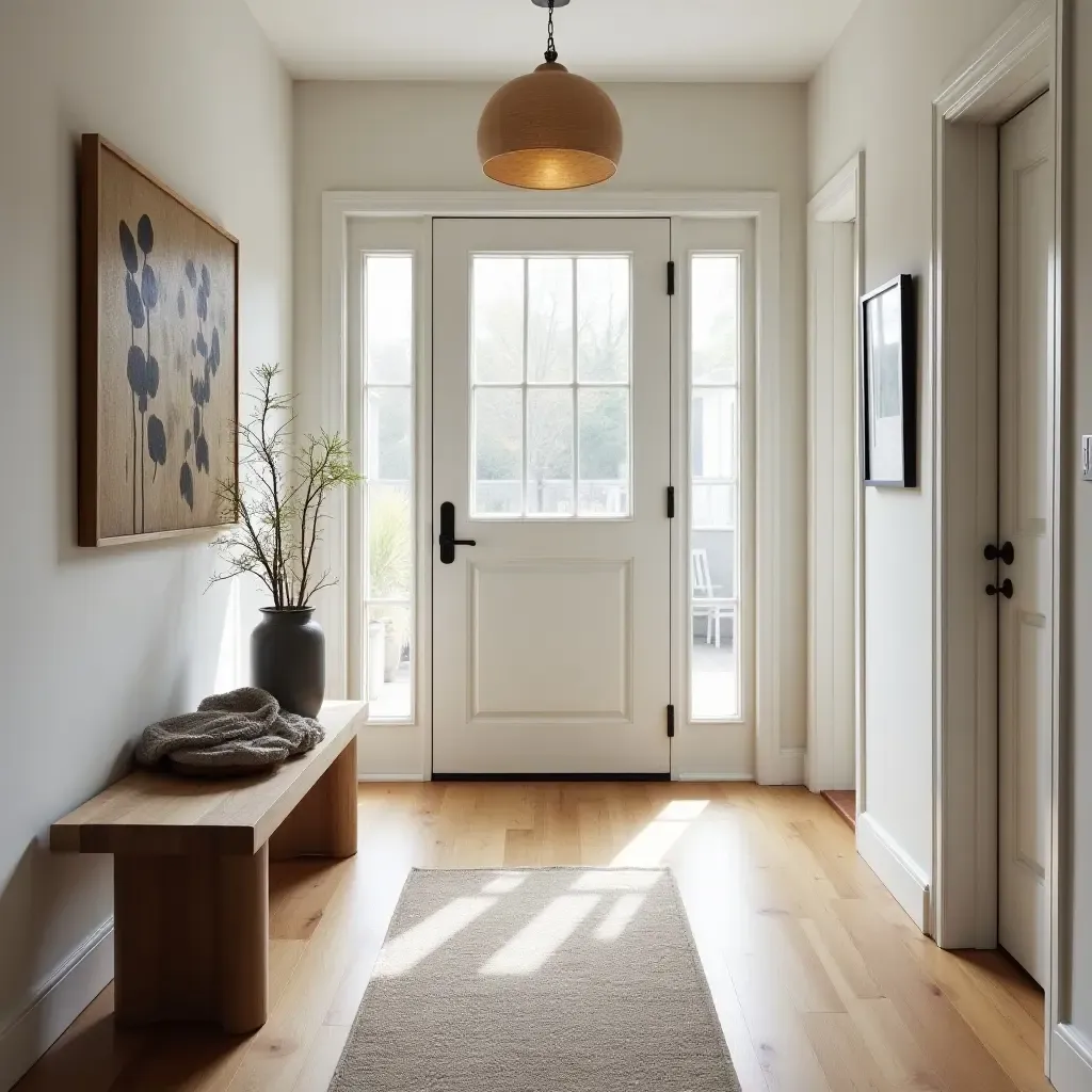 a photo of a bright foyer with a mix of textures and Scandinavian decor