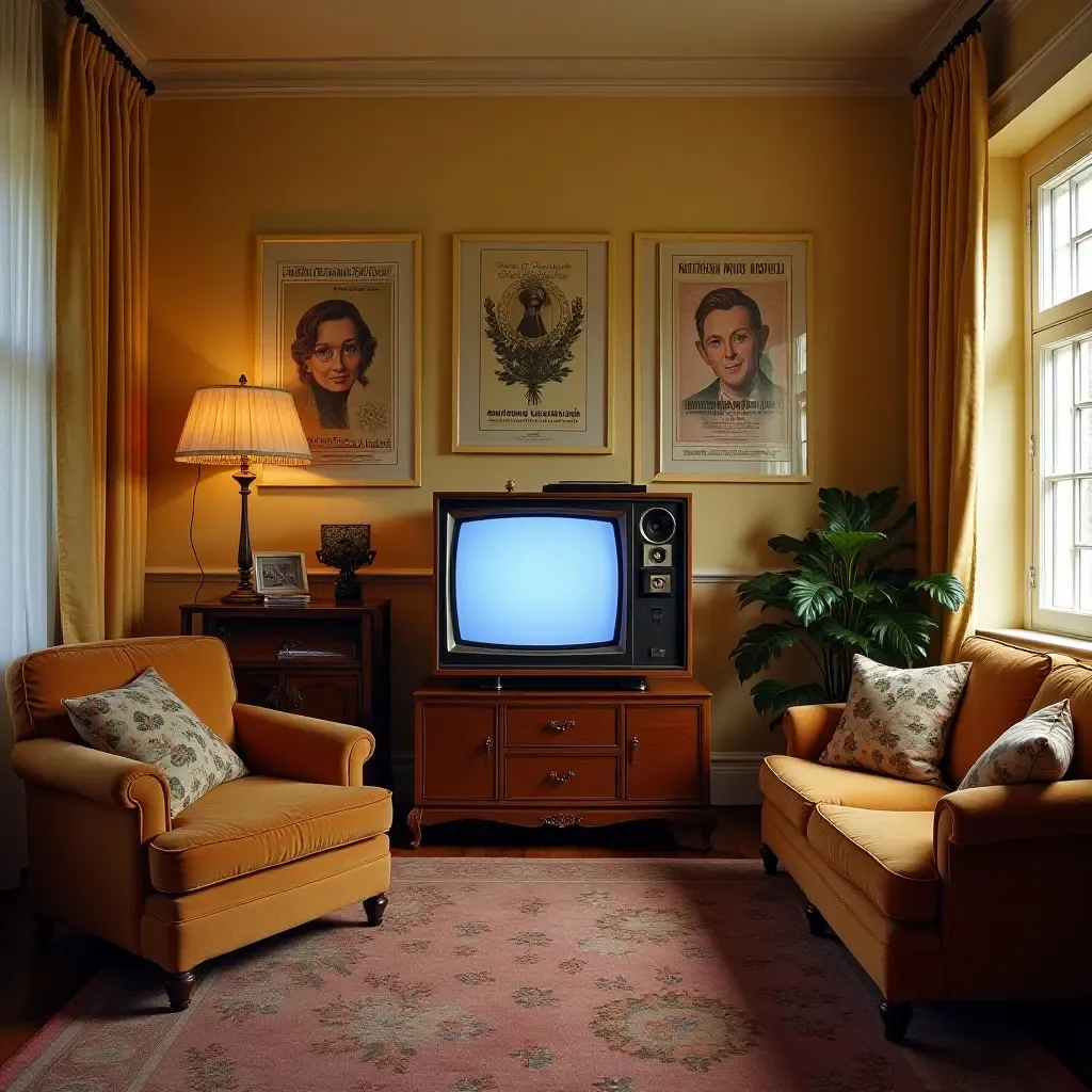 a photo of a retro-inspired TV room with vintage posters and classic furniture