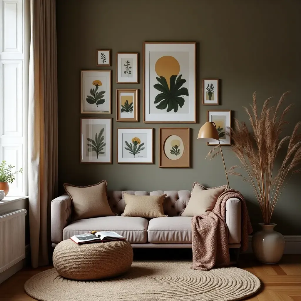 a photo of a cozy reading nook with an artistic gallery wall