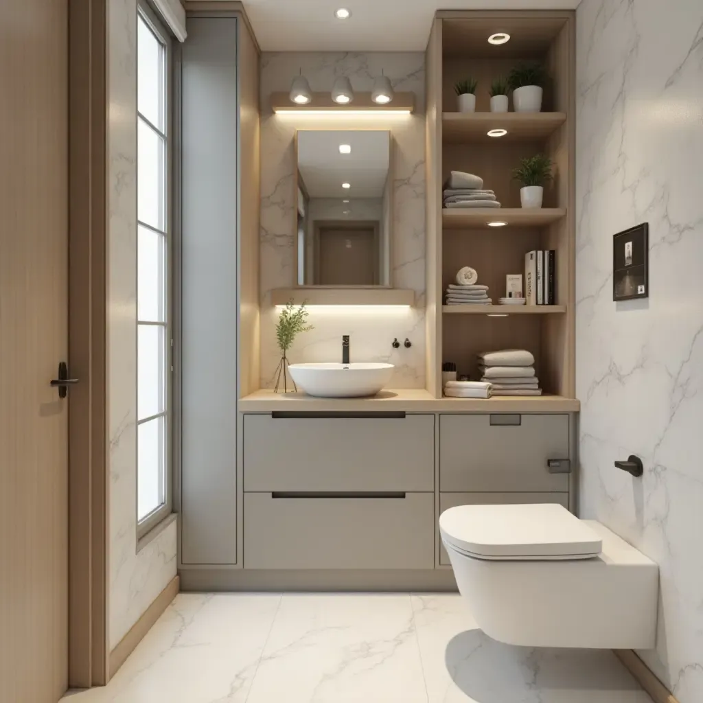 a photo of a compact bathroom with clever use of vertical space and shelves