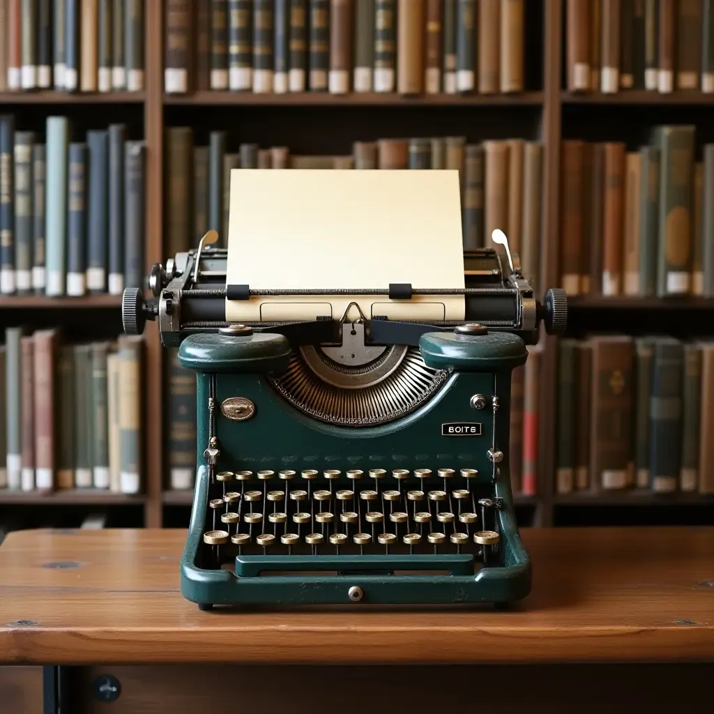 a photo of a vintage typewriter art piece on a library wall