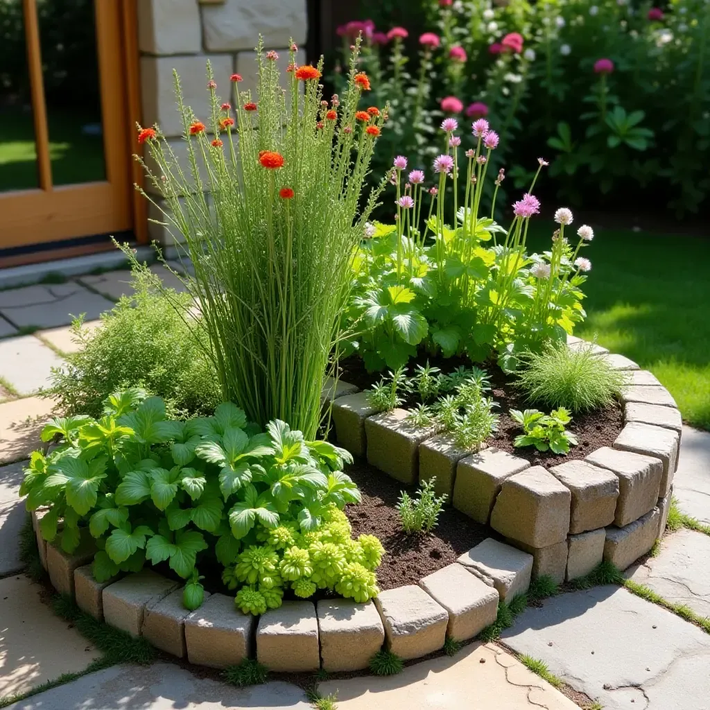 a photo of a patio with a colorful herb spiral garden