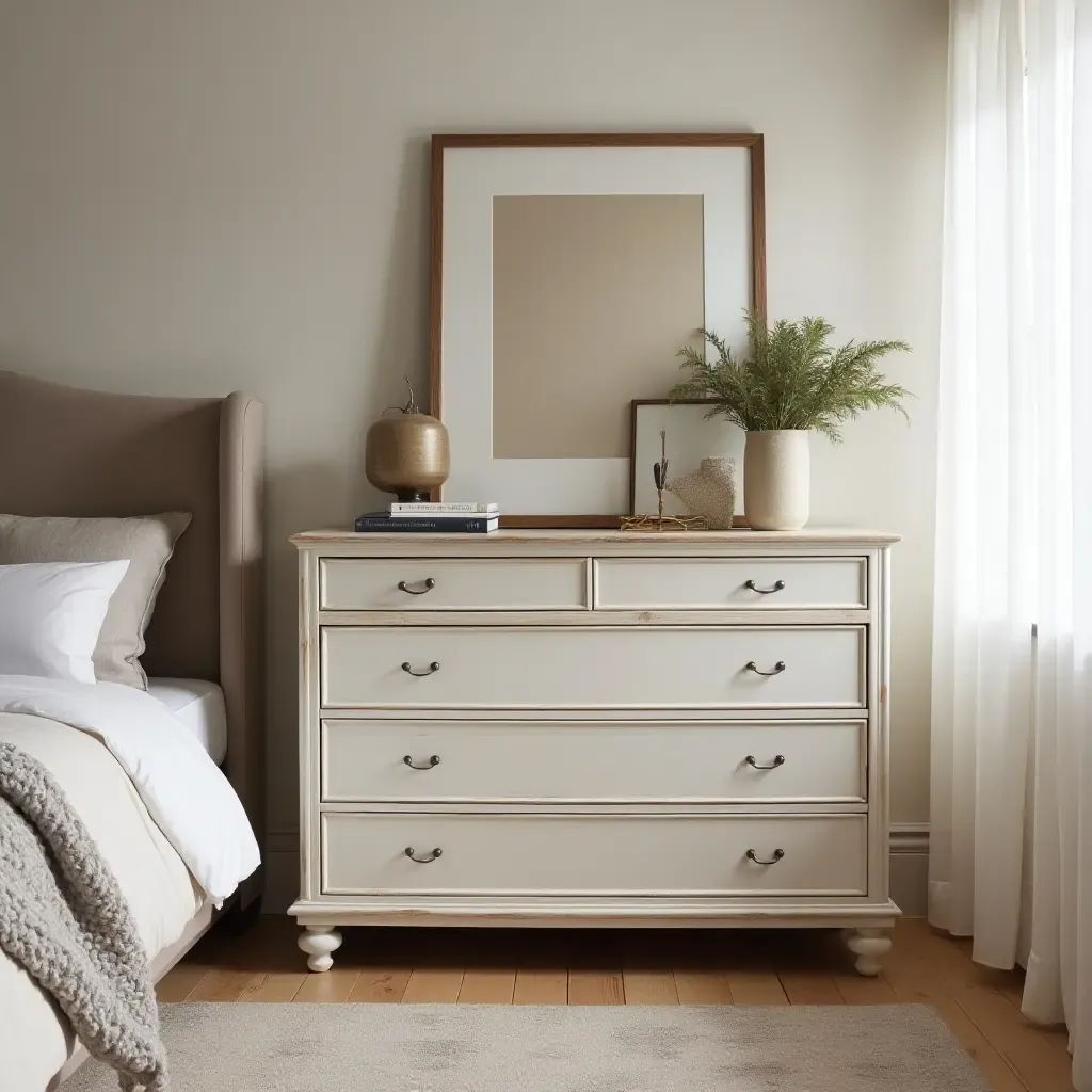 a photo of a contemporary bedroom with a vintage chest of drawers and stylish accessories