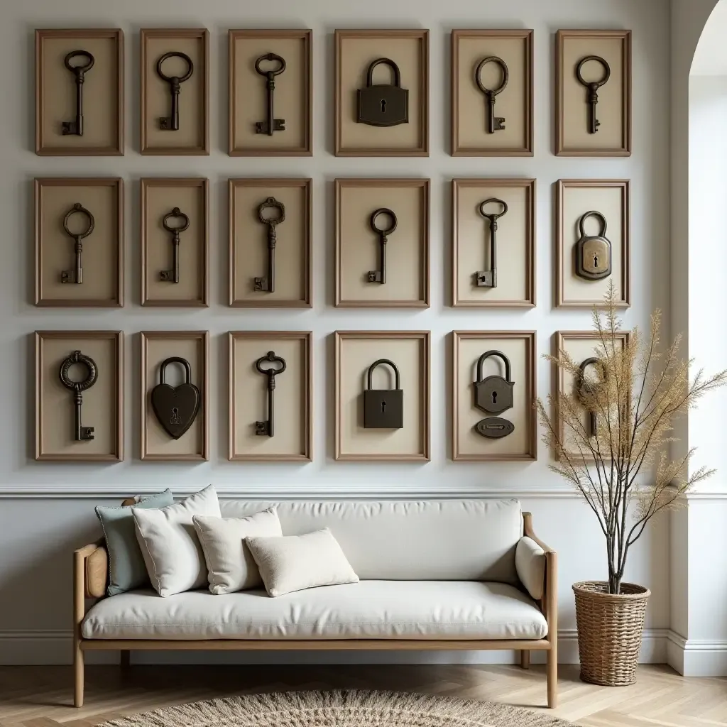 a photo of a gallery wall with a collection of framed antique keys and locks