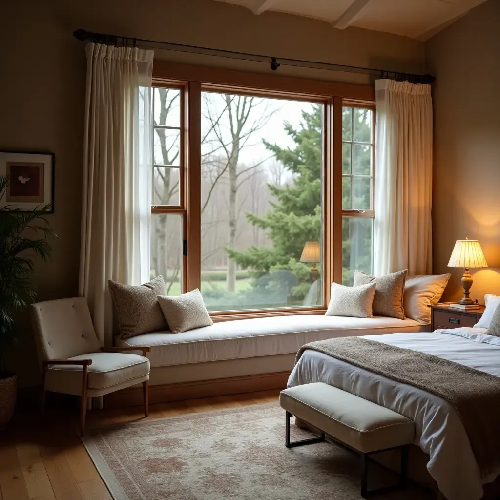 a photo of a cozy reading nook in a master bedroom with large windows