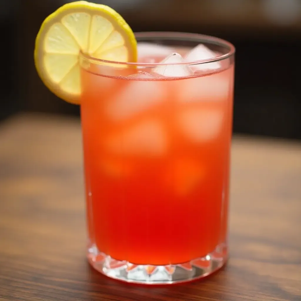 a photo of a glass of Suanmeitang, a tangy Chinese plum drink, with ice cubes and a slice of lemon.