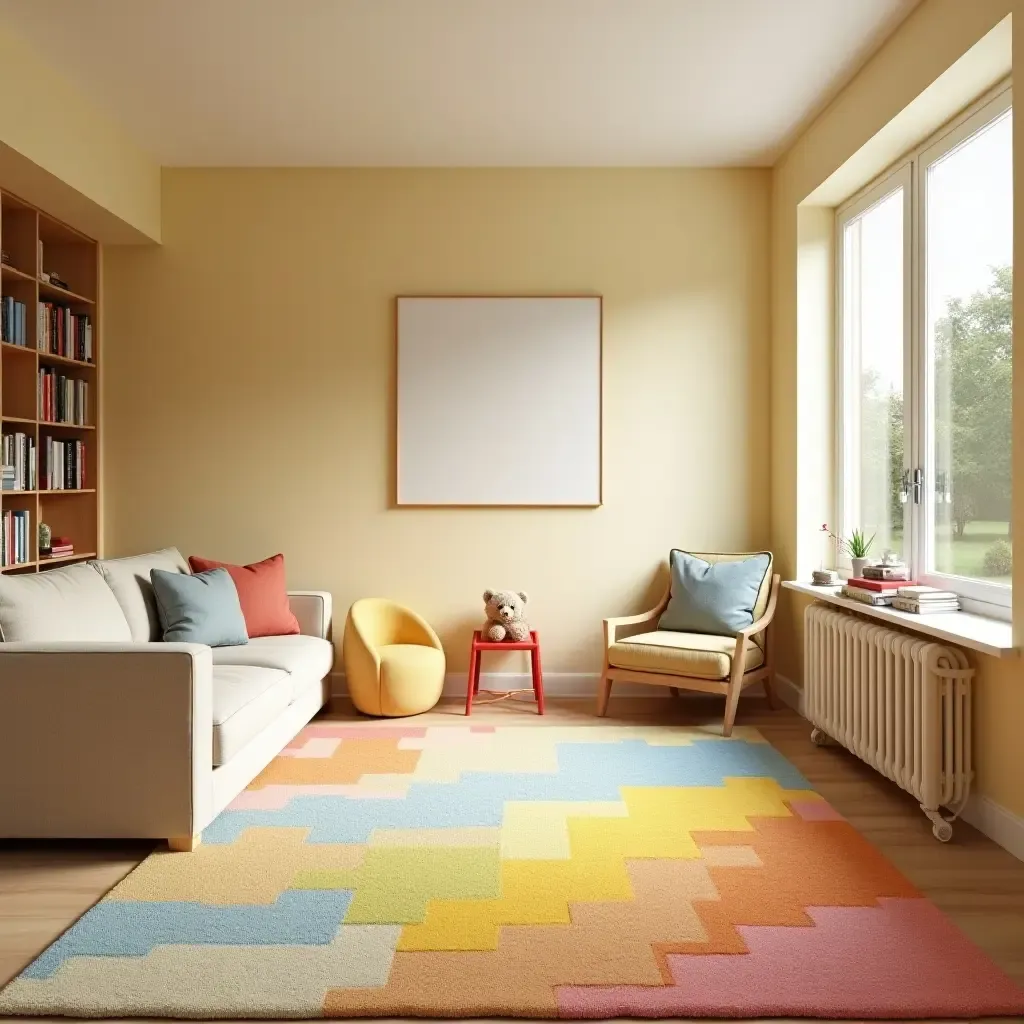 a photo of a bright, cheerful rug in a basement children&#x27;s area