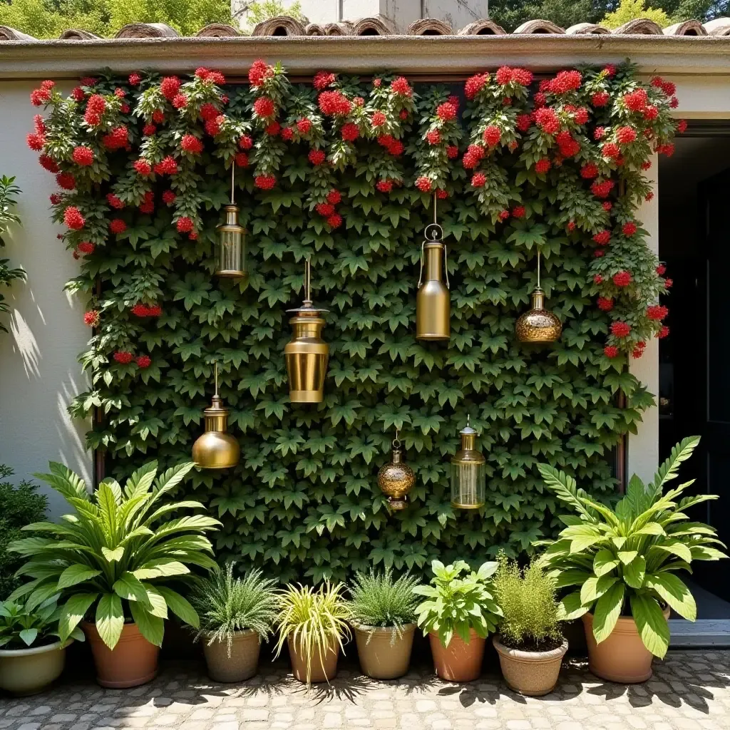 a photo of a garden wall with seasonal decorations and plants