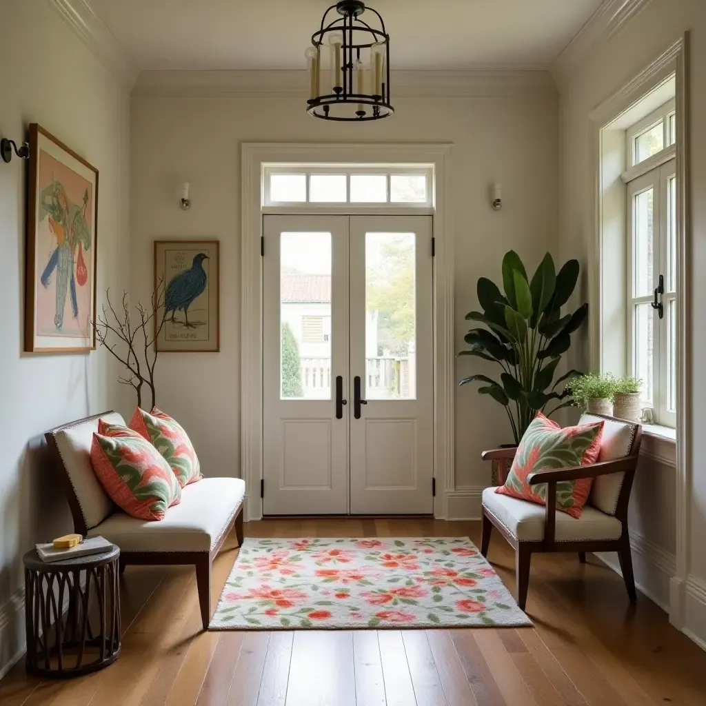 a photo of an artistic entrance hall with hand-painted throw pillows on a chair