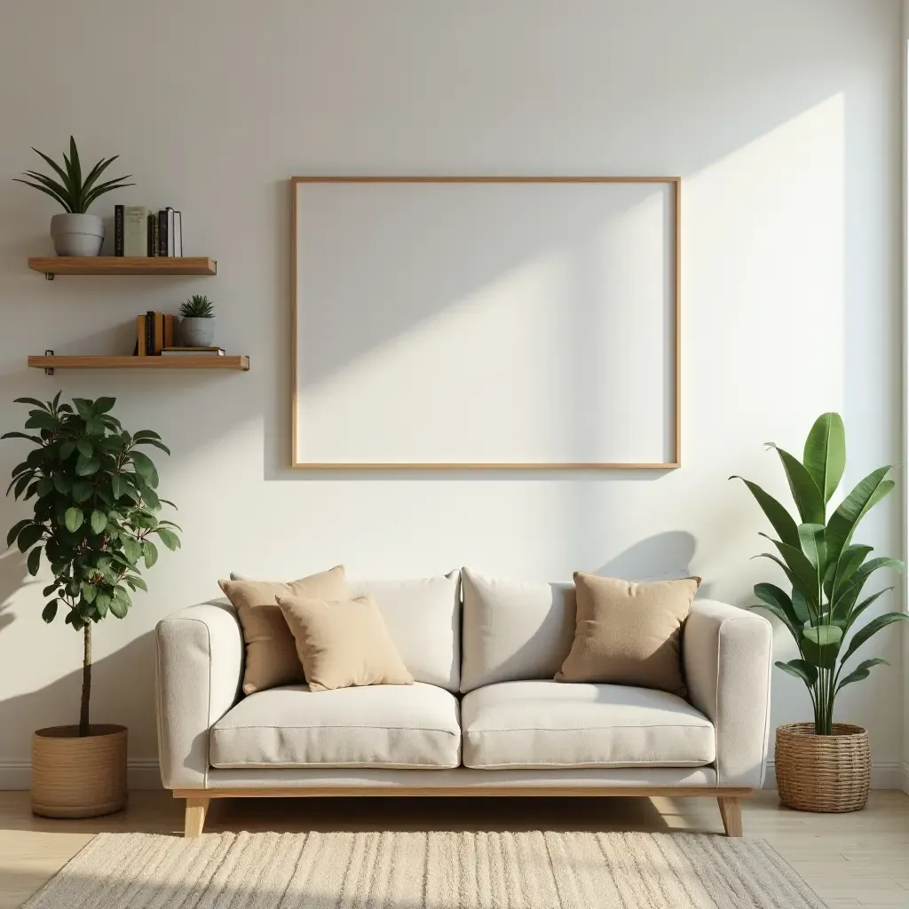 a photo of a cozy living room with wooden shelves and decorative plants