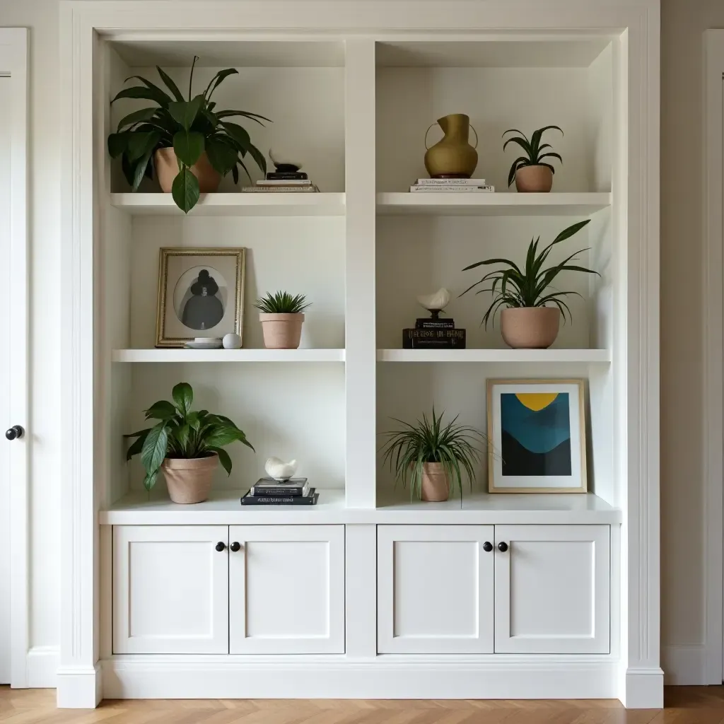 a photo of a built-in bookcase showcasing decorative art and plants