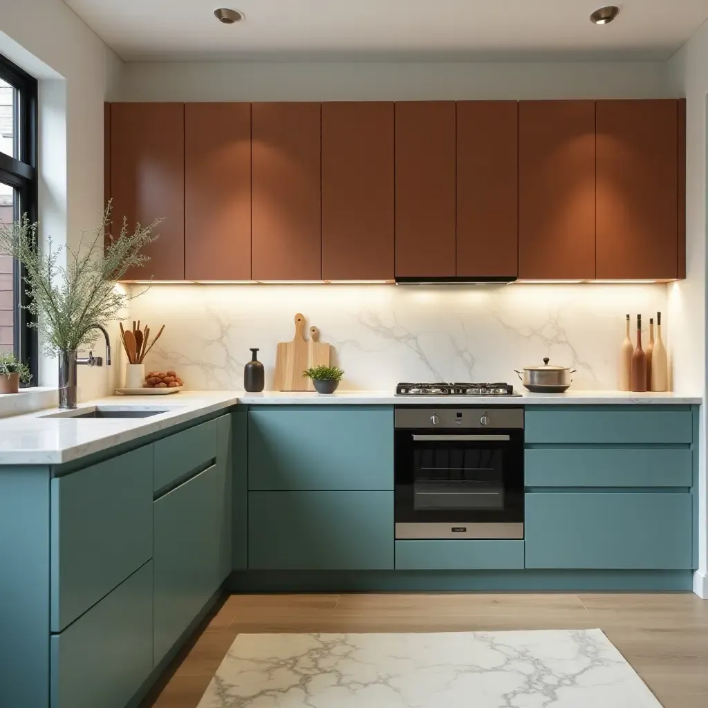 a photo of warm chestnut and cool teal cabinets in a modern kitchen