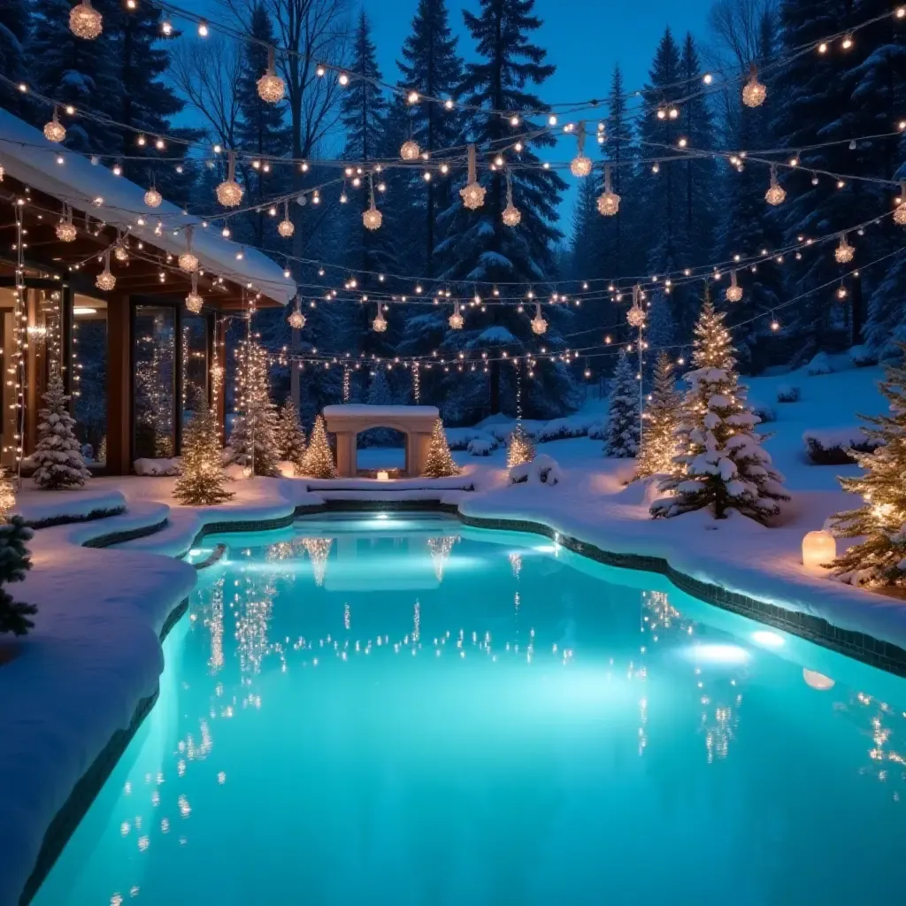 a photo of a winter-themed pool area with frosty pendant lighting