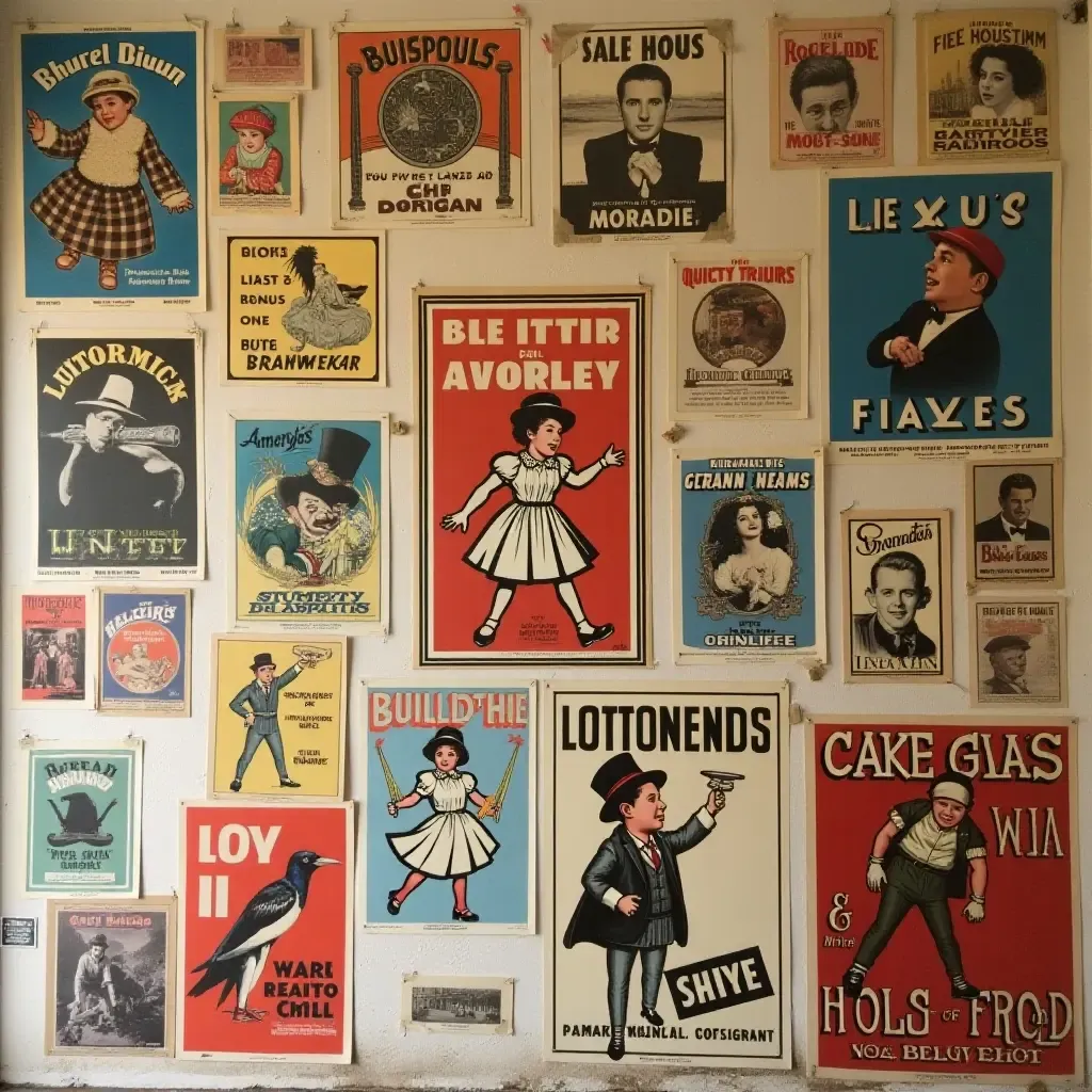 a photo of a collection of vintage posters arranged creatively