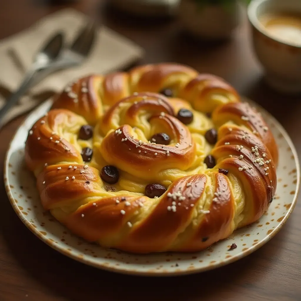 a photo of a fluffy pain aux raisins, with swirls of custard, on a breakfast table.