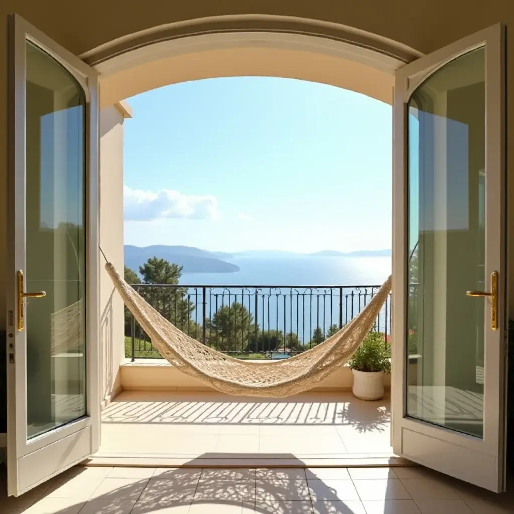 a photo of a sun-drenched Mediterranean balcony with a hammock and sea view