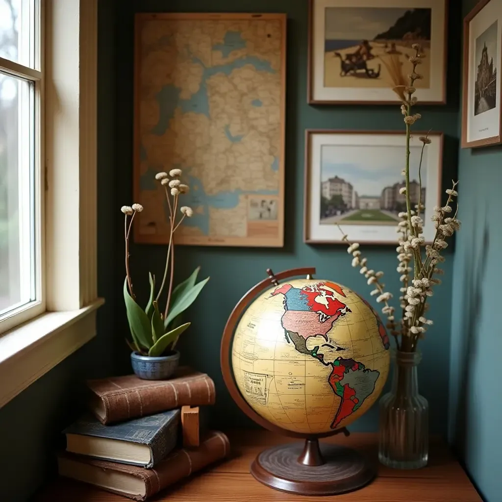 a photo of a cozy nook with a vintage globe and travel-themed decor