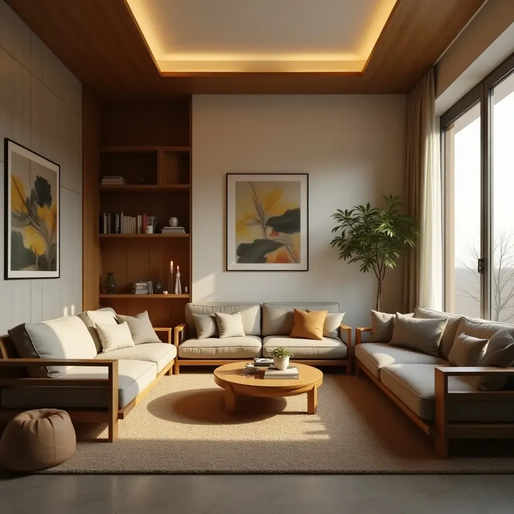 a photo of a living room showcasing wooden furniture and soft ambient lighting