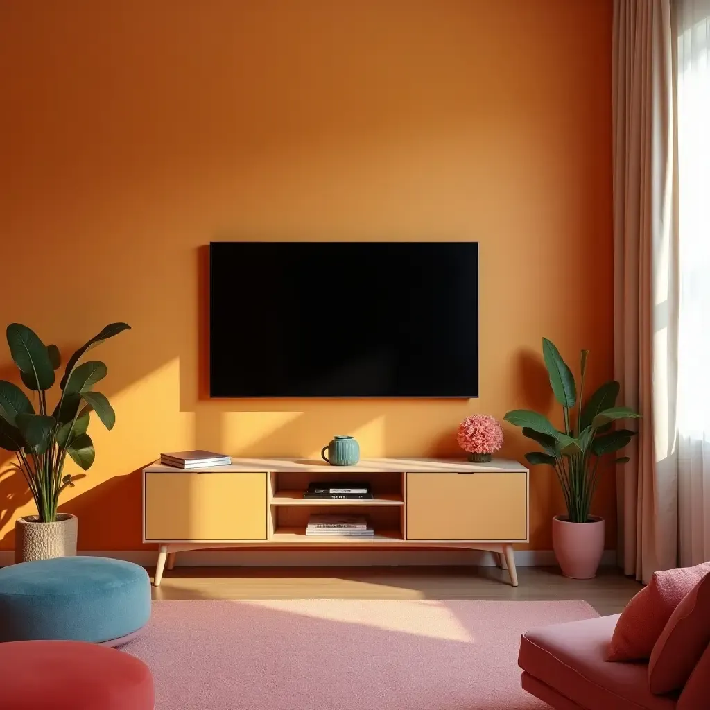 a photo of a small space TV room with bright accent colors