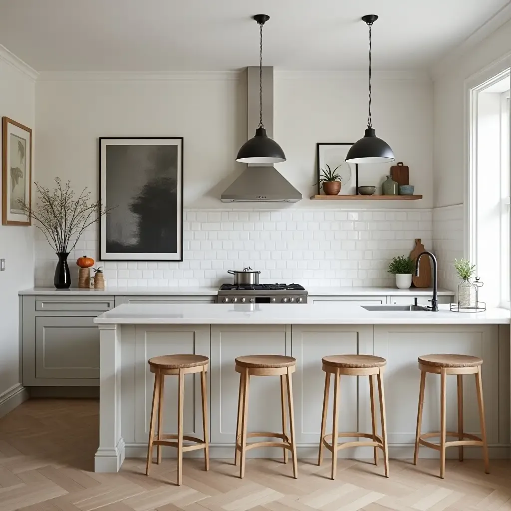 a photo of a kitchen with artistic wall decor and chic furnishings