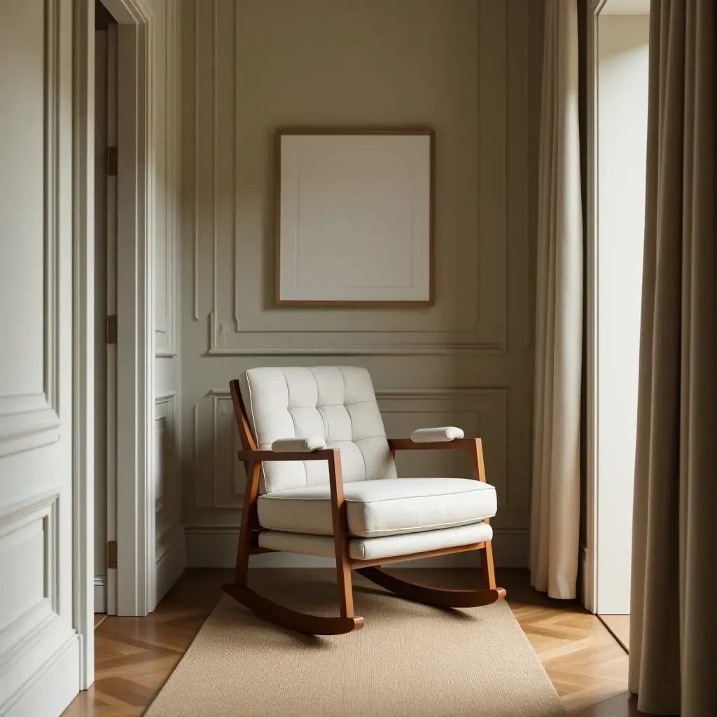 a photo of a classic rocking chair placed in a corridor corner