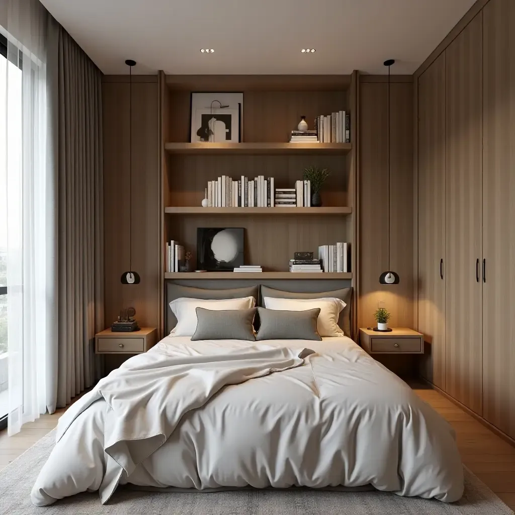 a photo of a modern wall-mounted bookshelf in a cozy bedroom