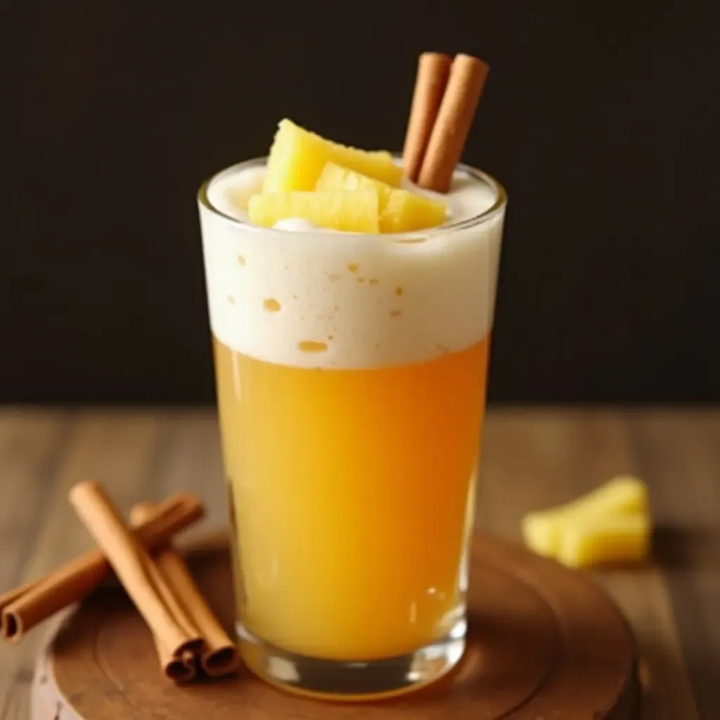 a photo of a frothy glass of tepache with pineapple slices and cinnamon sticks.