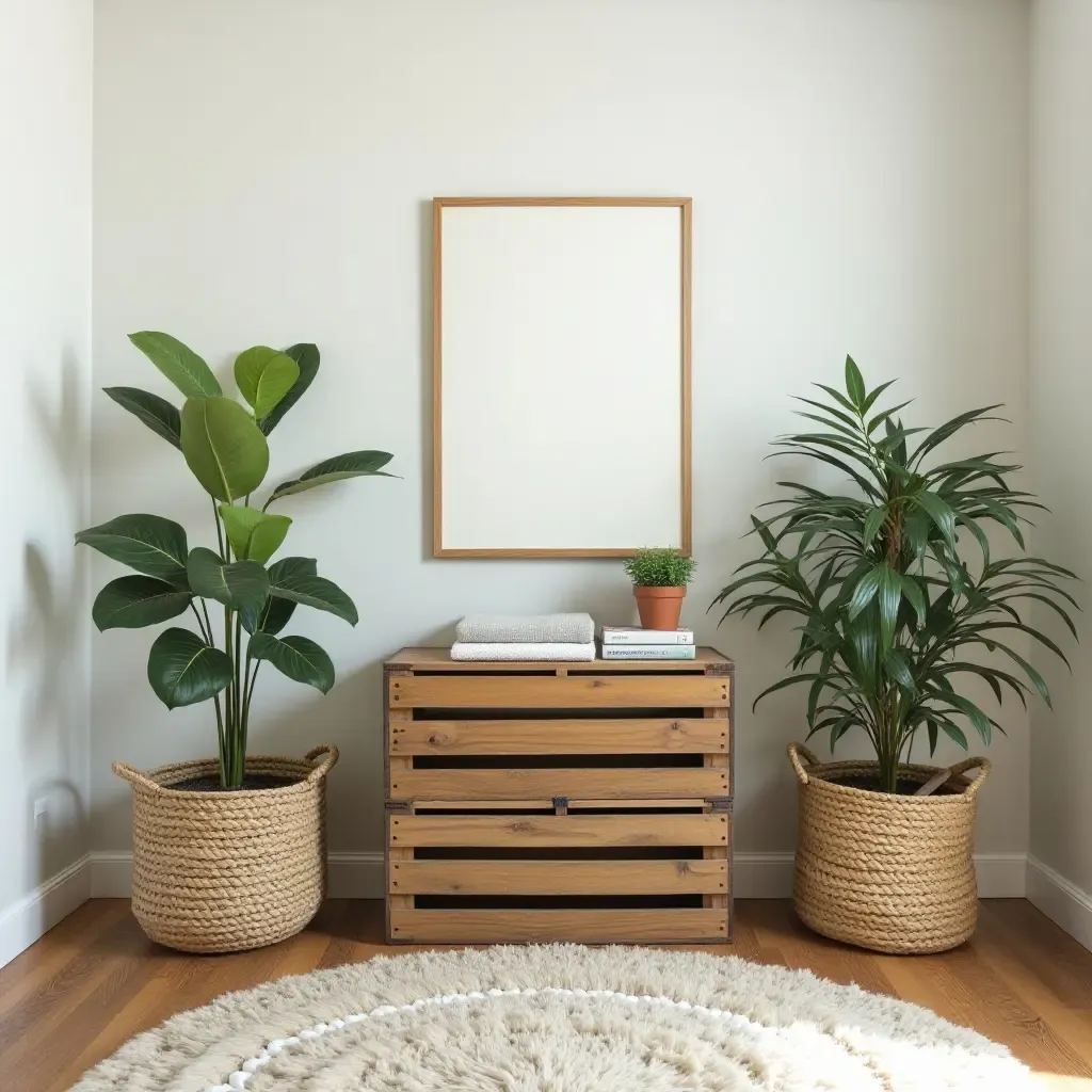 a photo of a nursery decorated with vintage crates and greenery