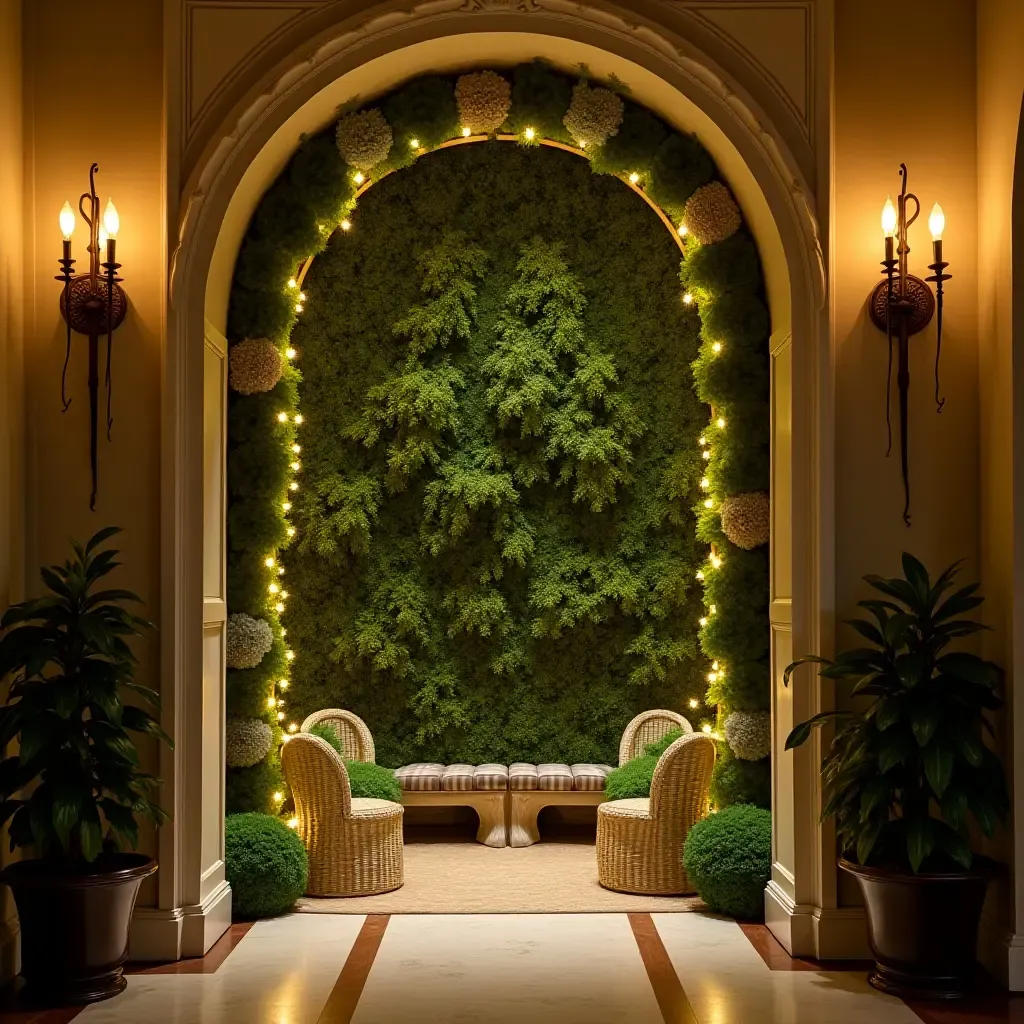 a photo of a fairy-tale themed garden wall with twinkling lights in a foyer