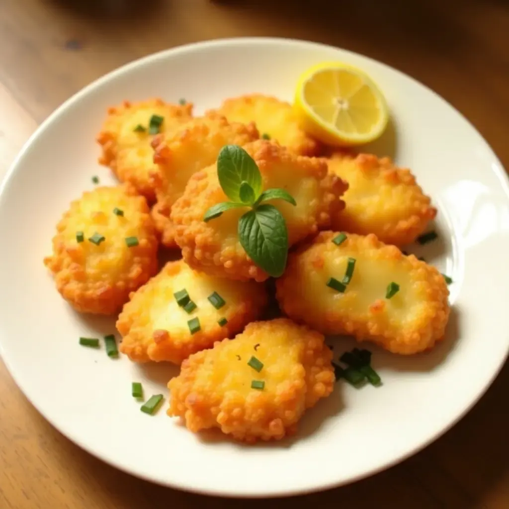 a photo of a plate of saganaki, a fried cheese appetizer, garnished with lemon and herbs.