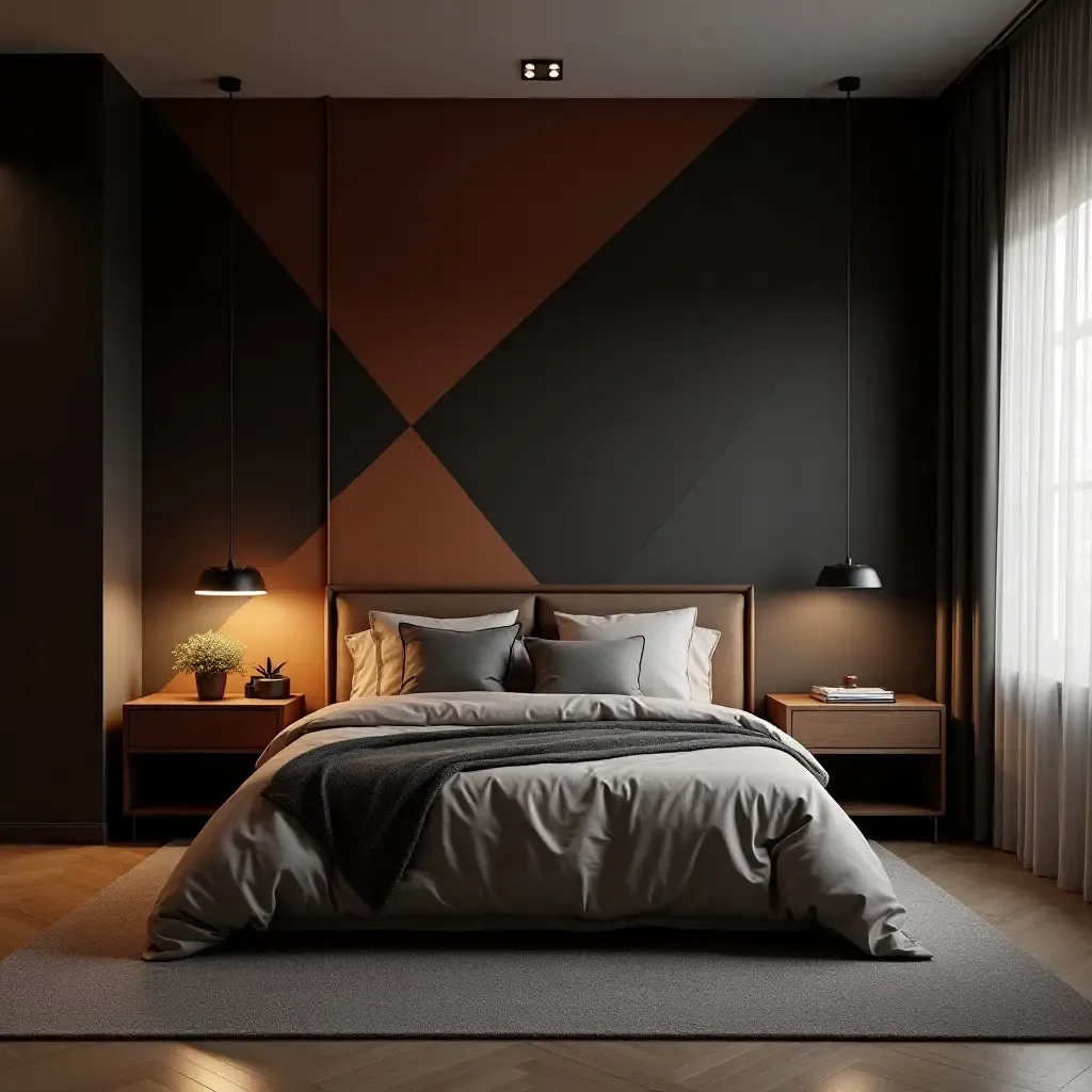 a photo of a modern bedroom with geometric patterns and moody color accents