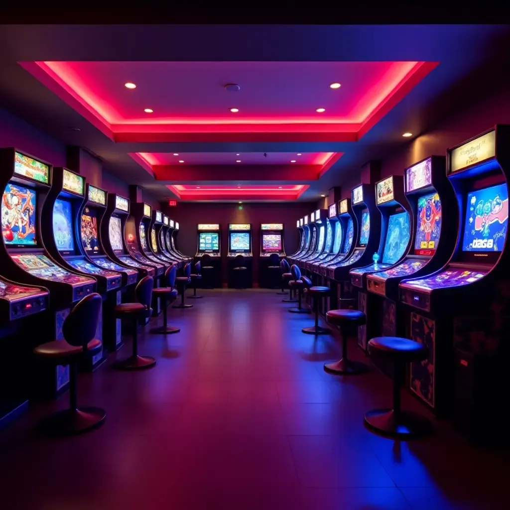 a photo of a vibrant basement game room with arcade games and neon lights