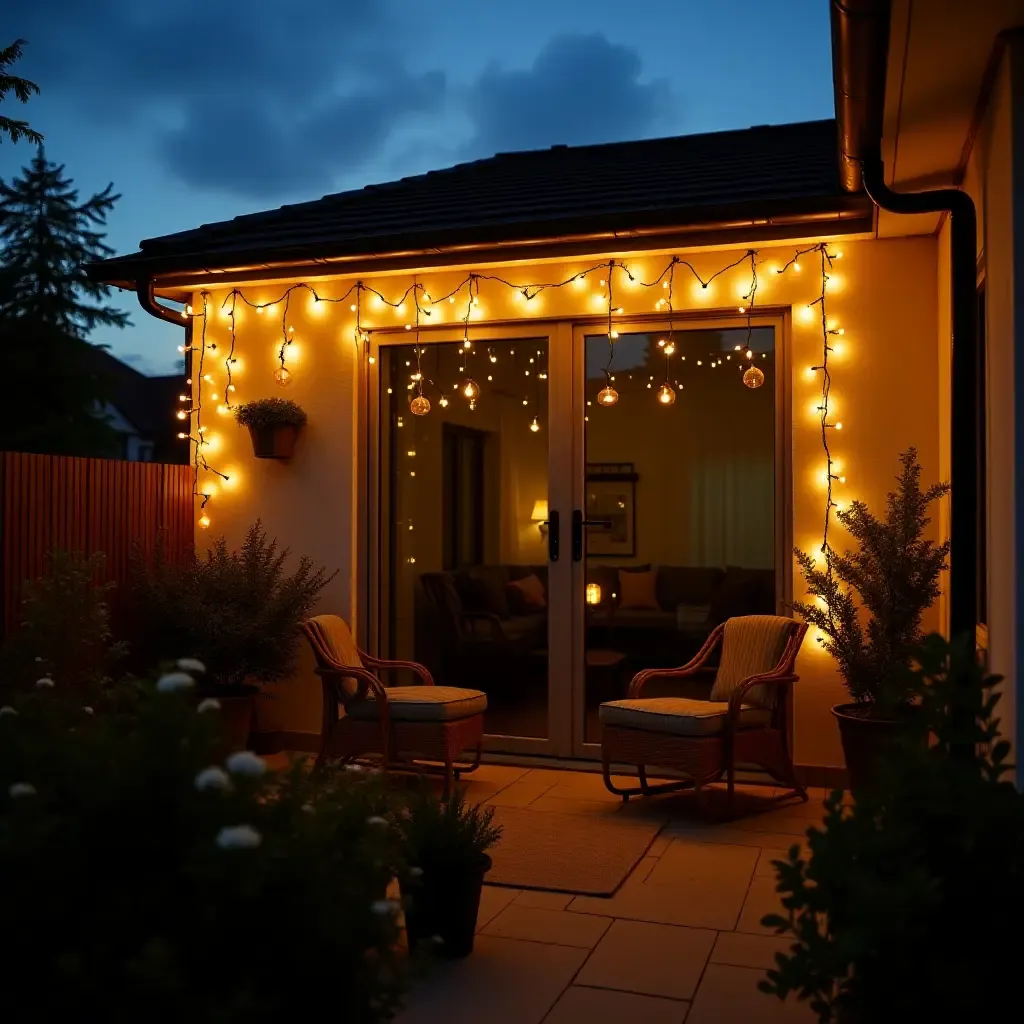 a photo of fairy lights adorning a small balcony garden at twilight