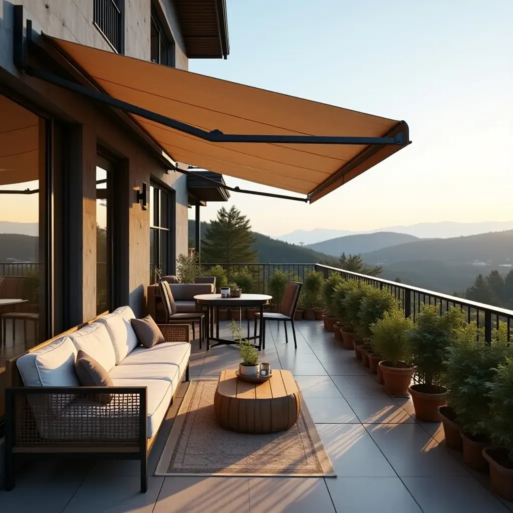 a photo of a balcony with a retractable awning and comfortable seating