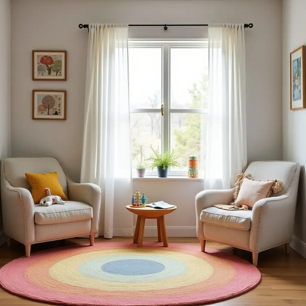 a photo of a nursery featuring a reading nook with a colorful rug