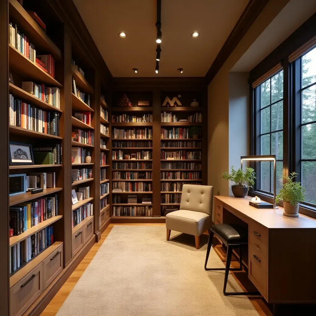 a photo of a basement library with creative book storage ideas